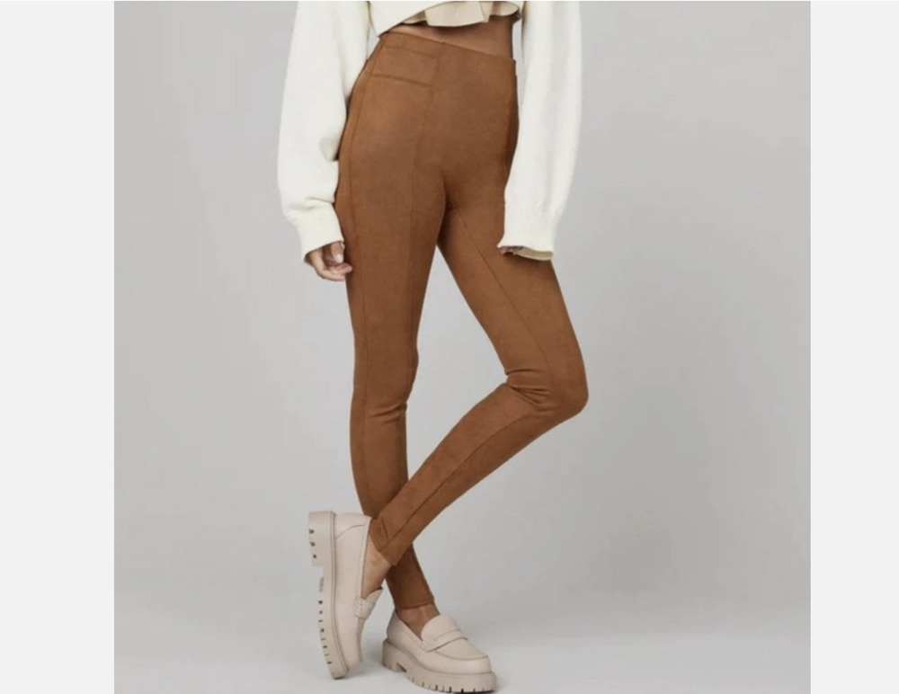 SPANX Faux Suede Leggings Pull On Pants Camel Brown Tan Seamed Size Large New
